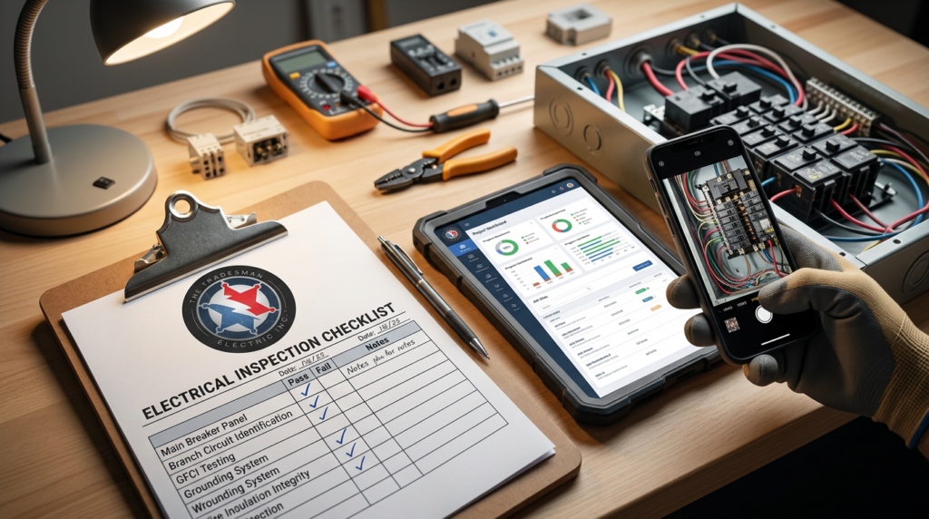 Close-up of a clipboard with an electrical inspection checklist, a tablet showing a p 143800