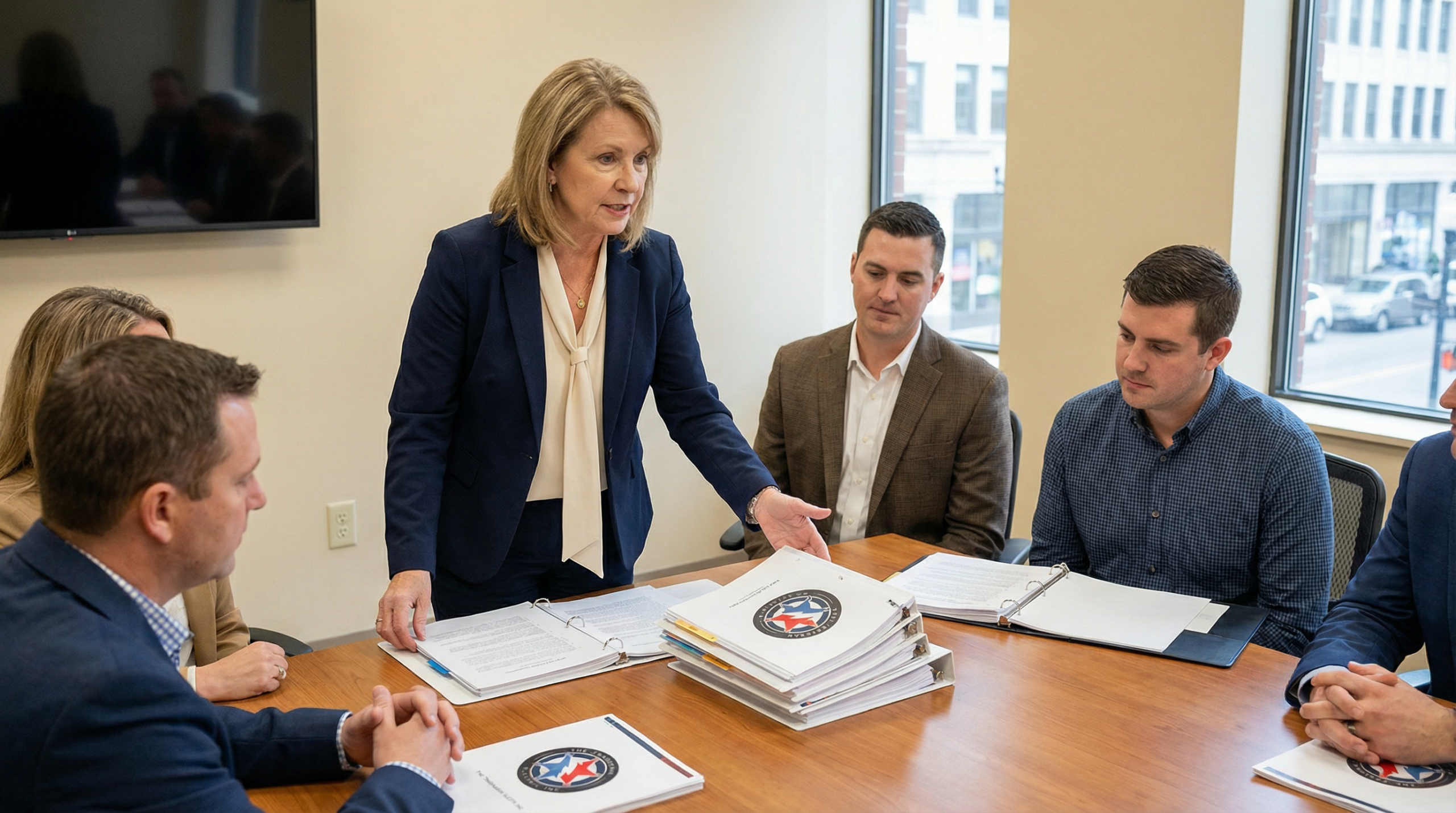 HOA board member in business casual attire presenting documents at a conference table 31264