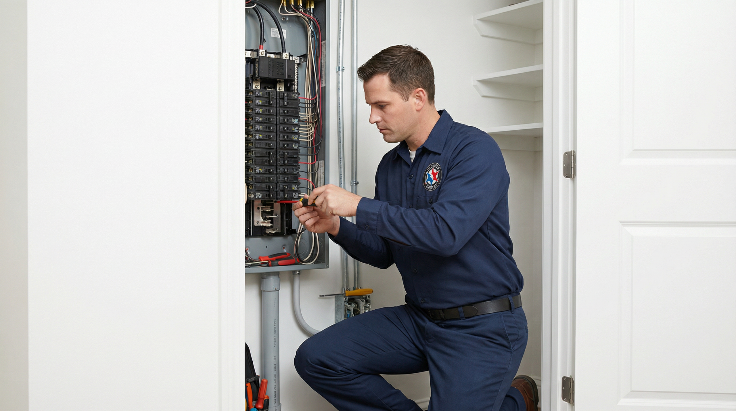 Licensed electrician in navy uniform installing an electrical panel inside a resident 31264