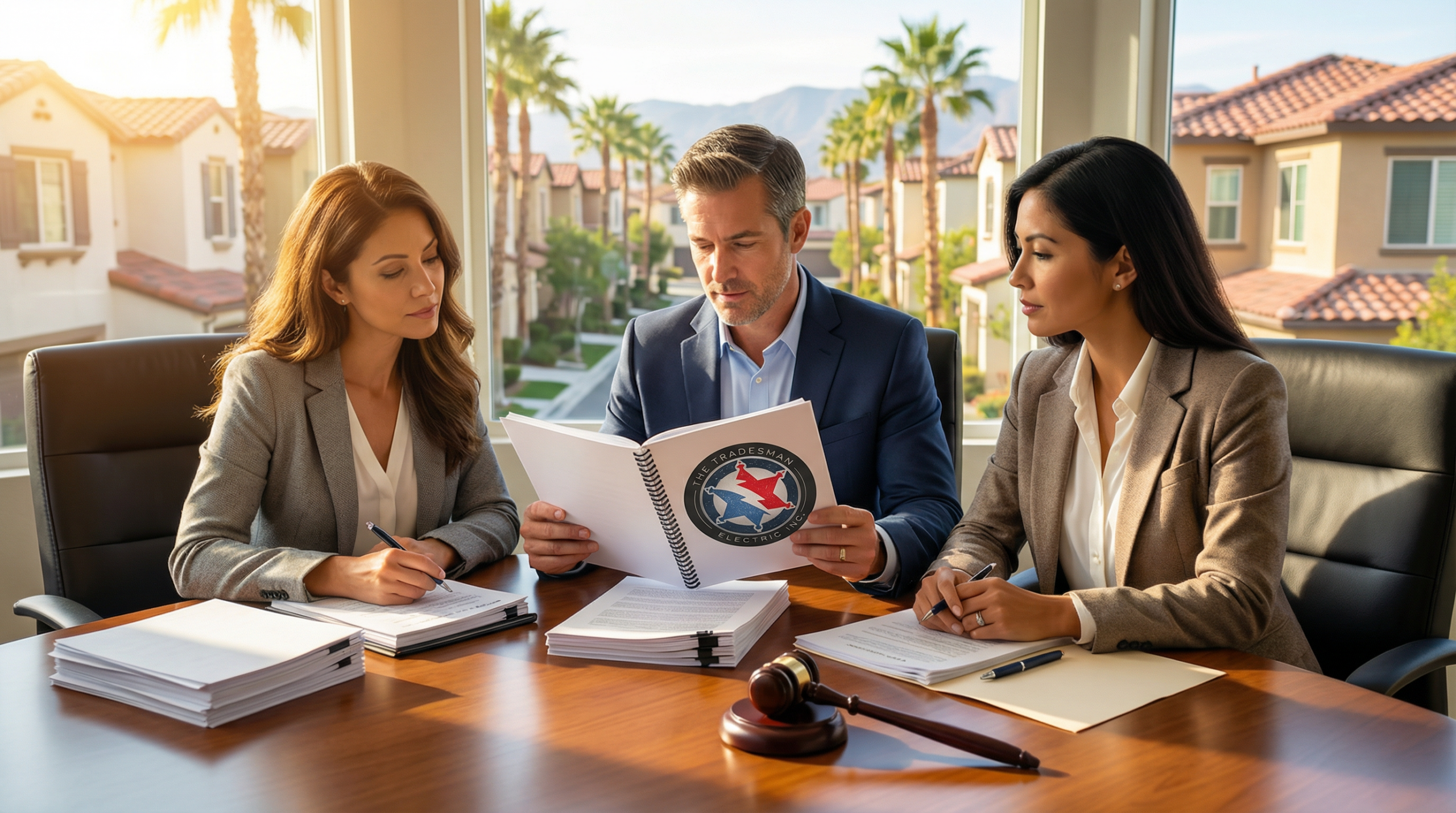 Three HOA board members sit at a conference table reviewing a pri 639804