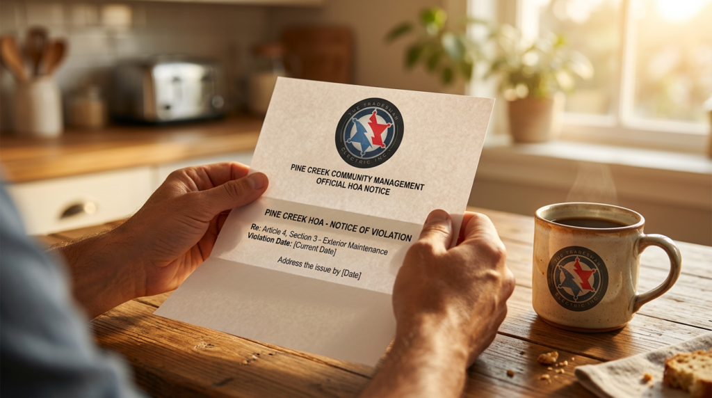 close-up of a homeowner's hands at a kitchen table opening an official HOA notice let 143800