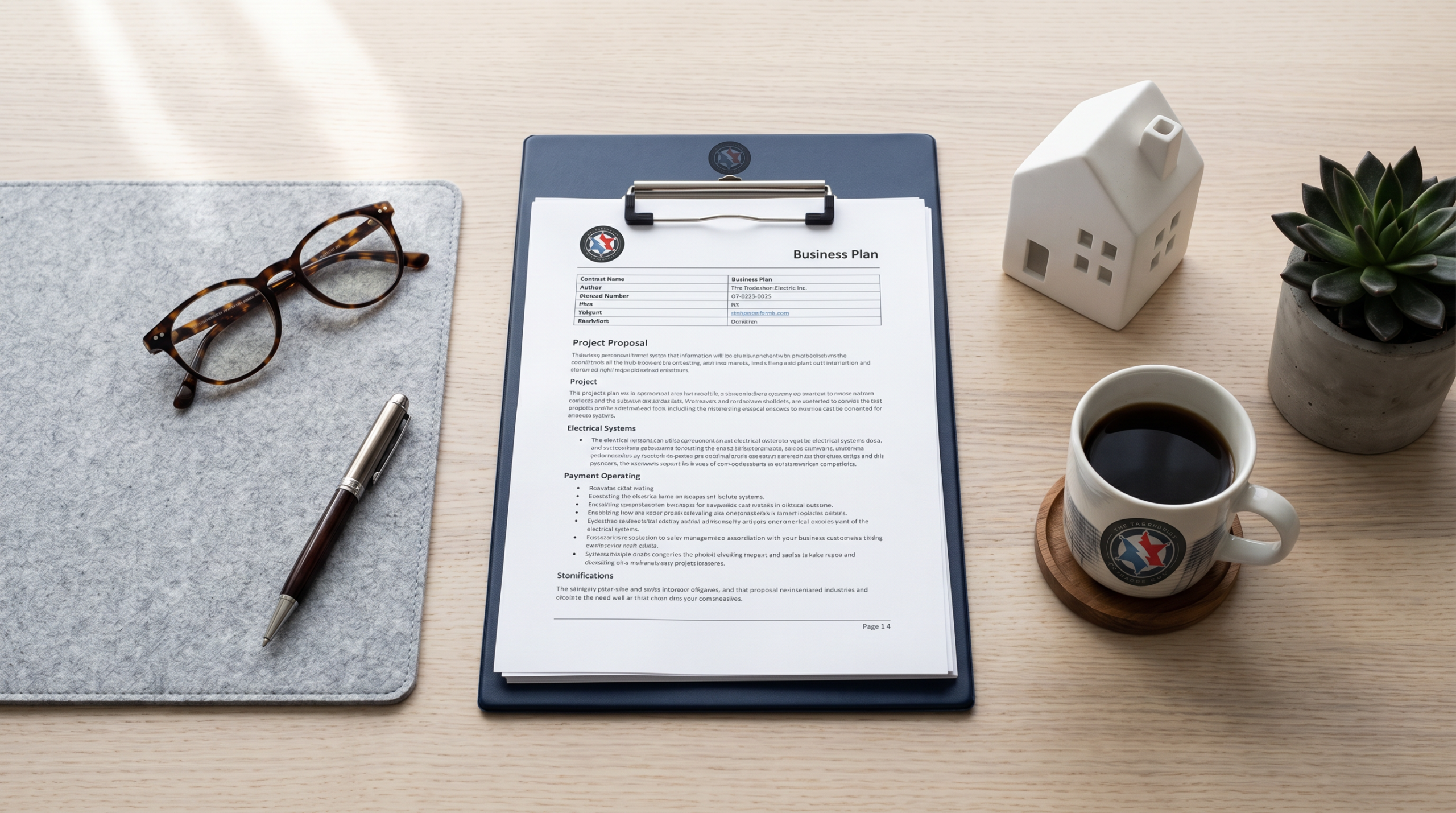 Clean overhead flat-lay of an organized professional desk, printed documents and a cl 657872