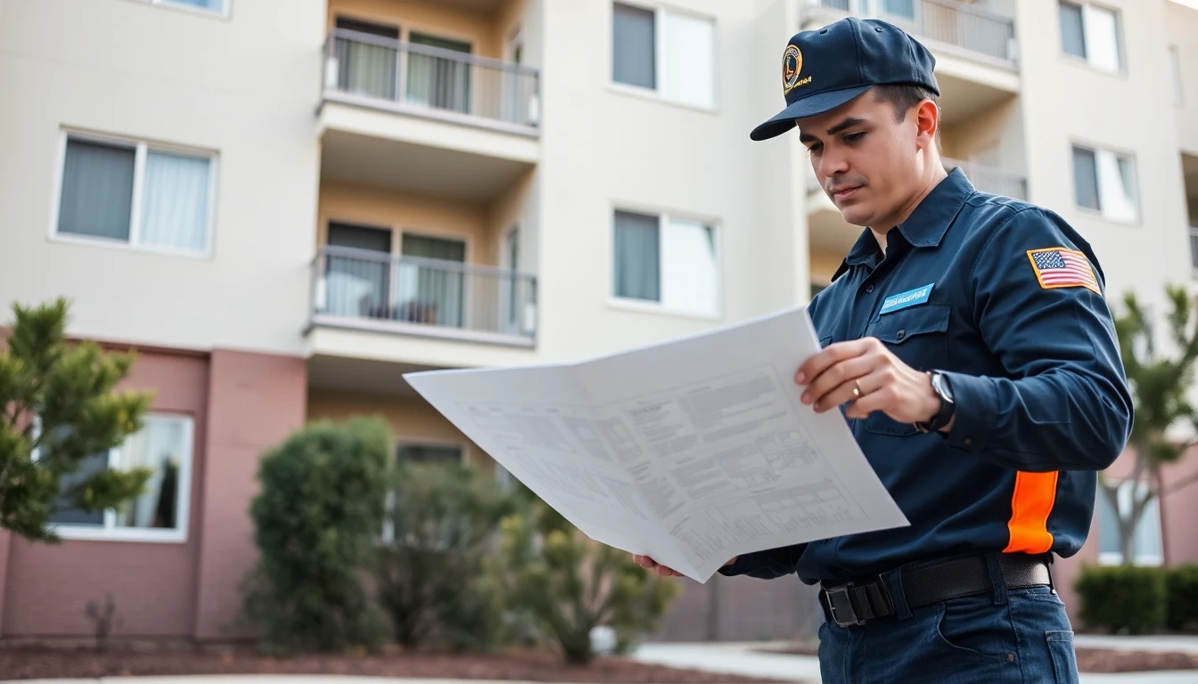A property manager and electrician reviewing plans outside a multifamily building A property manager and electrician reviewing plans outside a multifamily building