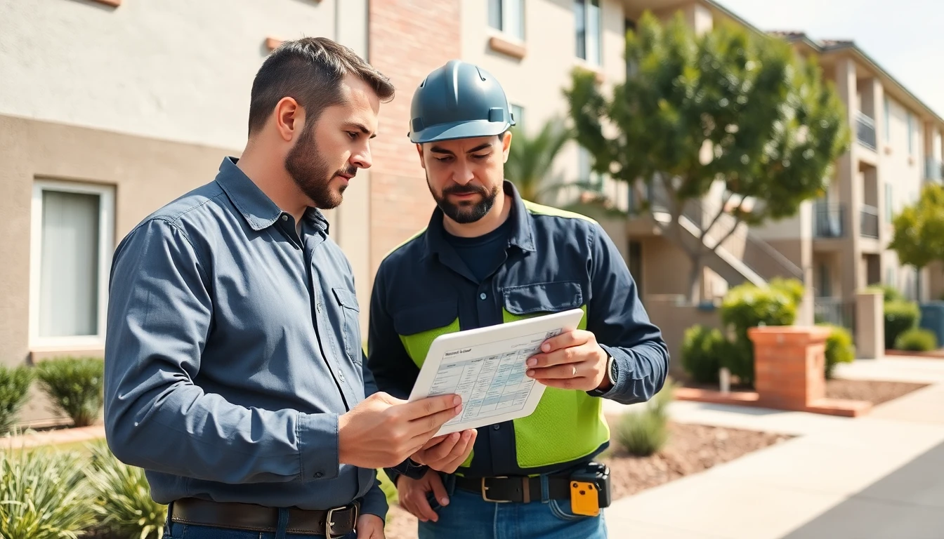 A property manager and electrician reviewing a project plan outside an apartment complex