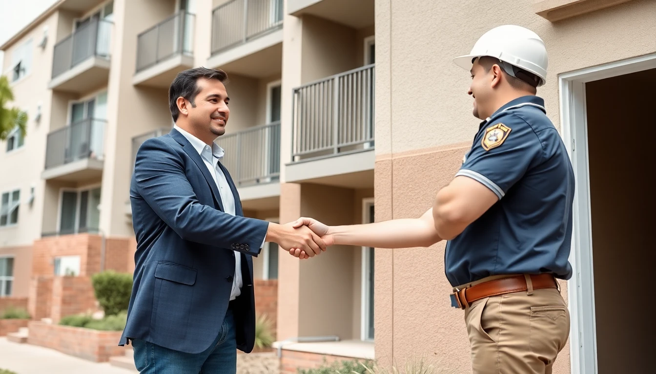A property manager meeting an electrician outside an Orange County apartment building