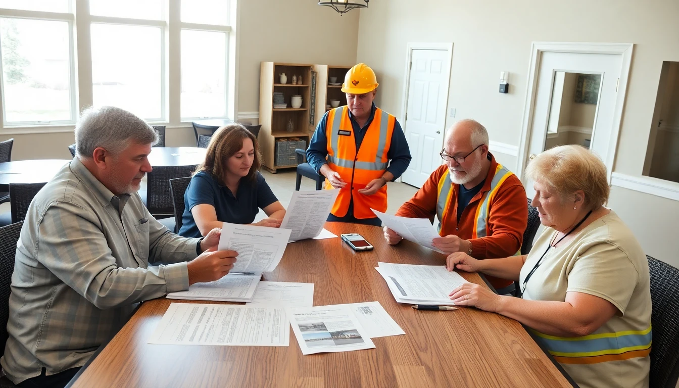 An HOA board reviewing a project proposal with a contractor at a community meeting