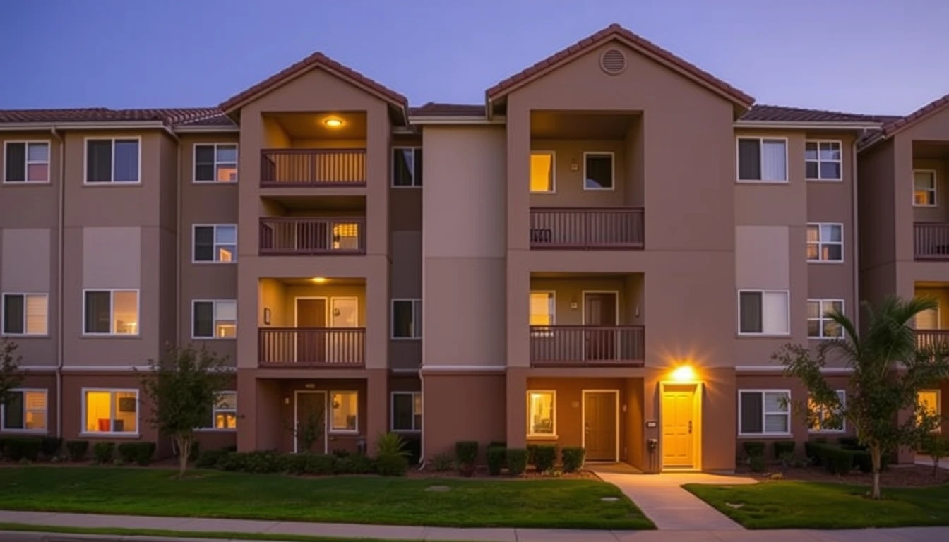 An Orange County apartment community at dusk where an electrical emergency could disrupt residents