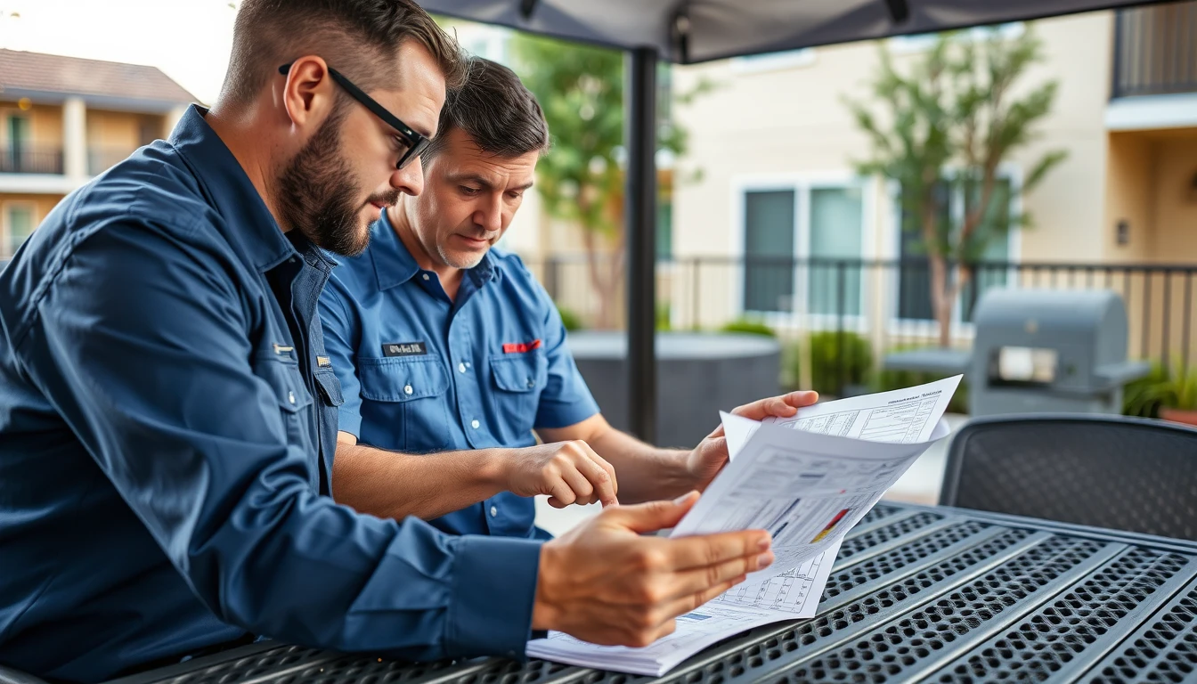 A property manager and electrician reviewing a maintenance schedule together