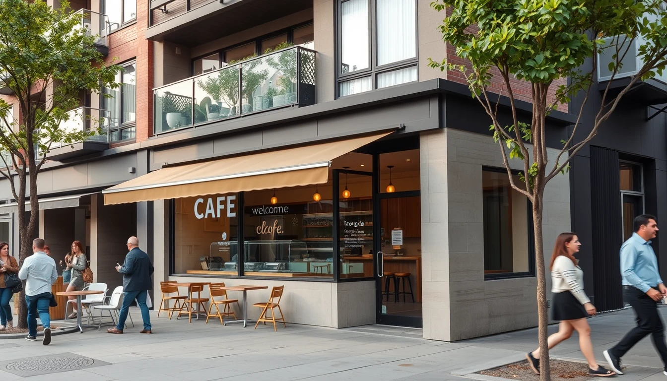 A ground-floor cafe operating below residential units in a mixed-use building