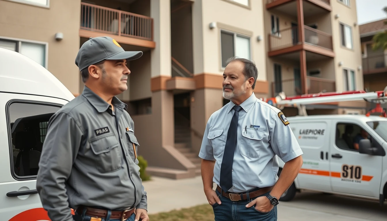 A uniformed electrician meeting a property manager outside an Orange County apartment building