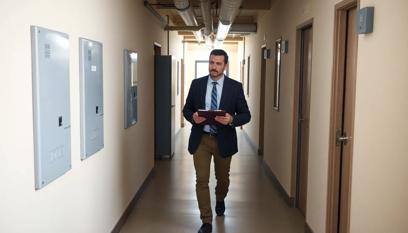 A property manager documenting findings on a clipboard during a building walkthrough