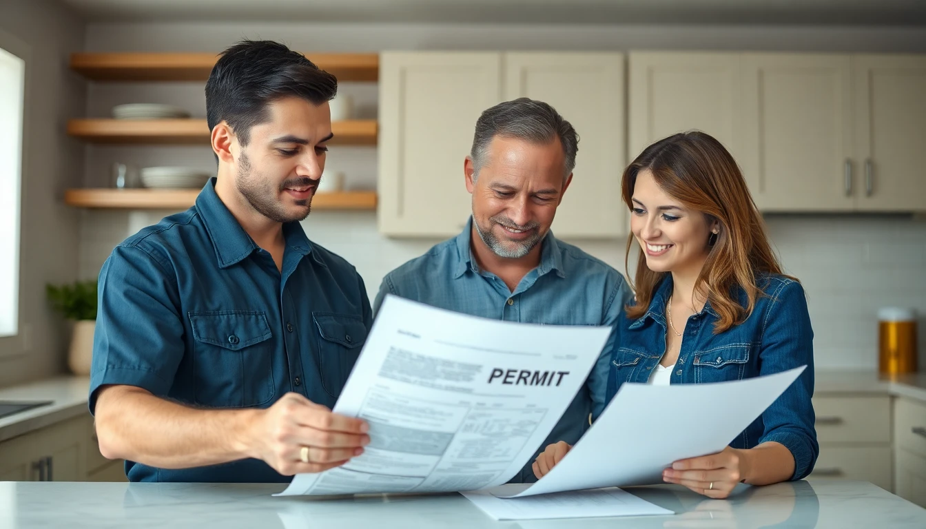An electrician and homeowner reviewing permit paperwork