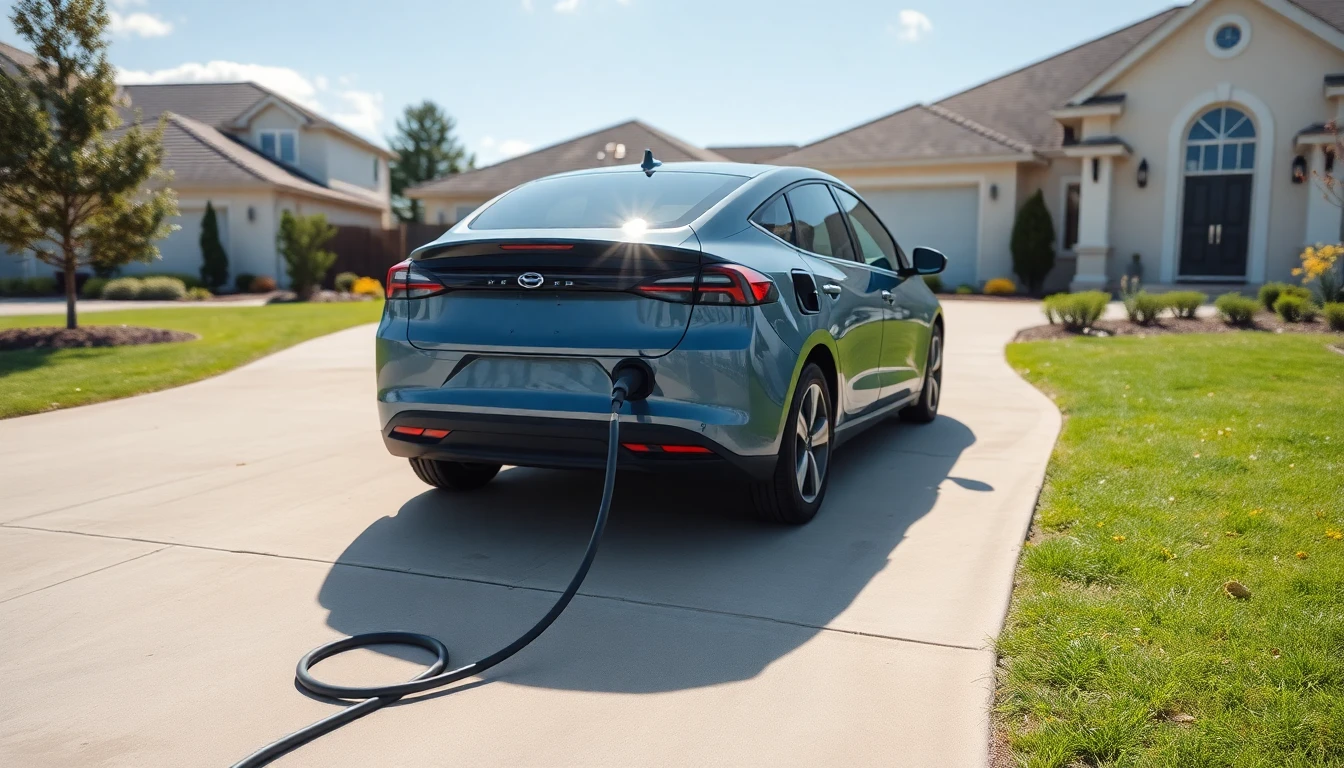 An electric vehicle charging on the driveway of a suburban home