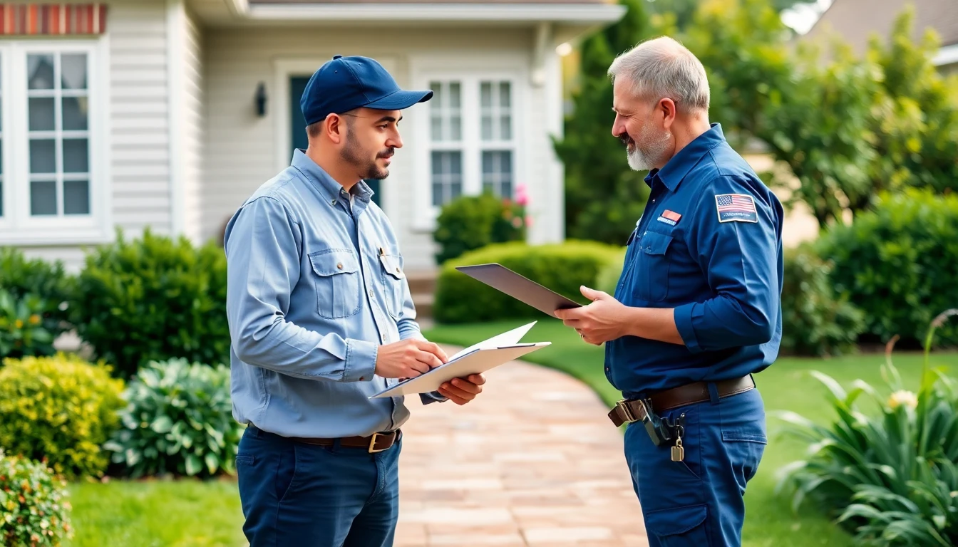A licensed electrician talking through an assessment with a homeowner outside their home