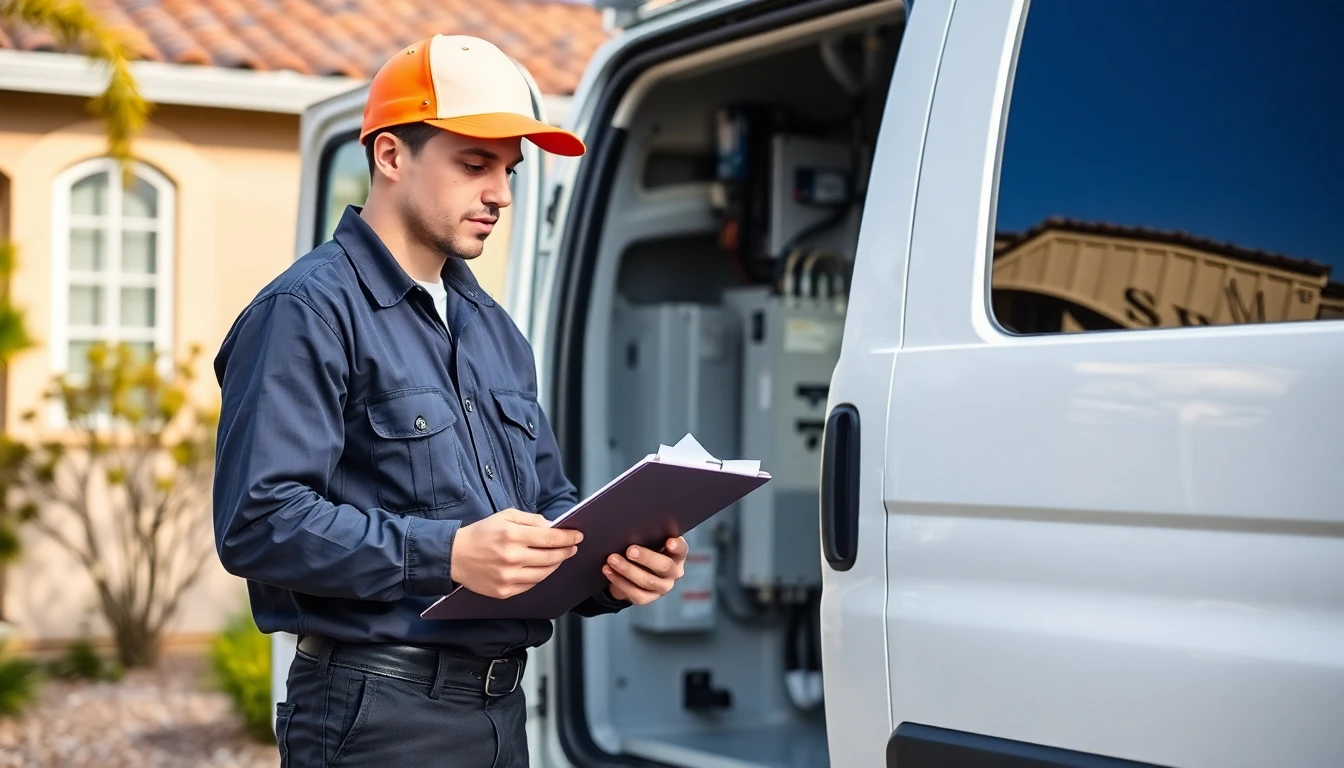 A licensed electrician reviewing job paperwork outside a California home