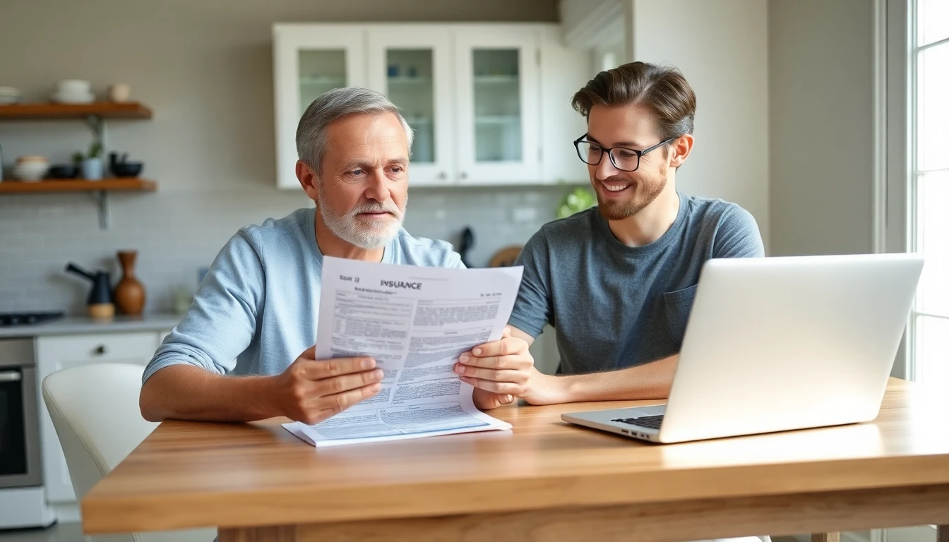 A homeowner reviewing an insurance document at a kitchen table
